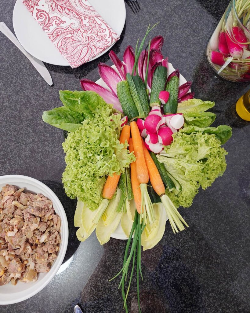 kolorowy talerz crudites rzodkiewki marchewki sałata rzymska wielkanoc wege