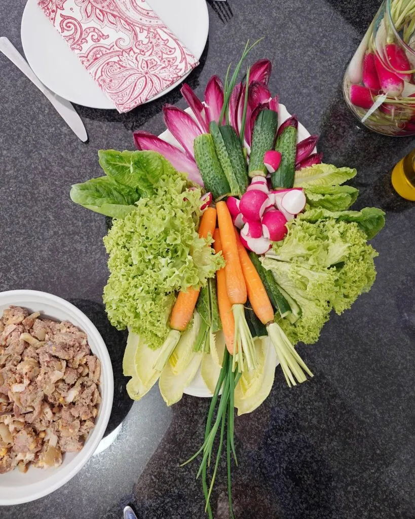 kolorowy talerz crudites rzodkiewki marchewki sałata rzymska wielkanoc wege